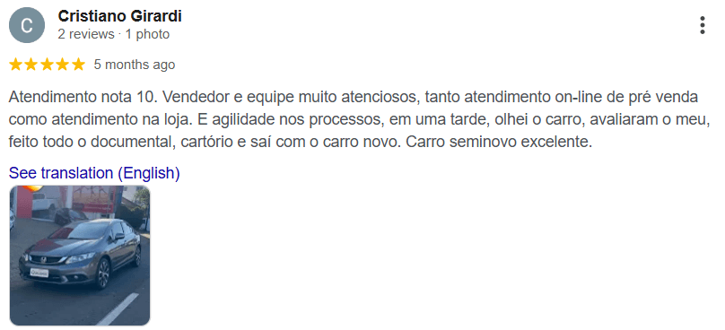 Avaliação 8 no Google